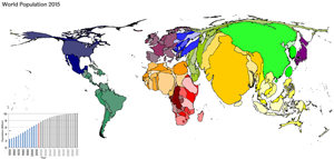 Kartenanamorphote der Weltbevölkerung im Jahr 2015