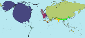 Kartenanamorphote der Verbreitung von Nuklearwaffen im Jahr 2011