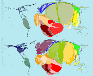 Kartenanamorphoten der Herkunfts- (oben) und Zielländer (unten) von Flüchtlingsströmen im Jahr 2011