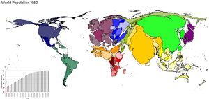 Kartenanamorphote der Weltbevölkerung im Jahr 1950