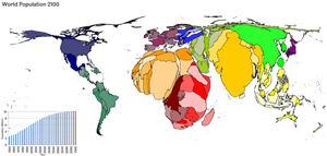 Kartenanamorphote der Weltbevölkerung im Jahr 2100
