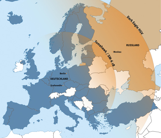 Karte: Modellierte Reichweiten der Mittelstreckenwaffen der USA