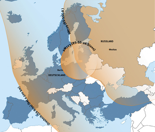 Karte: Modellierte Reichweiten der Mittelstreckenwaffen Russlands