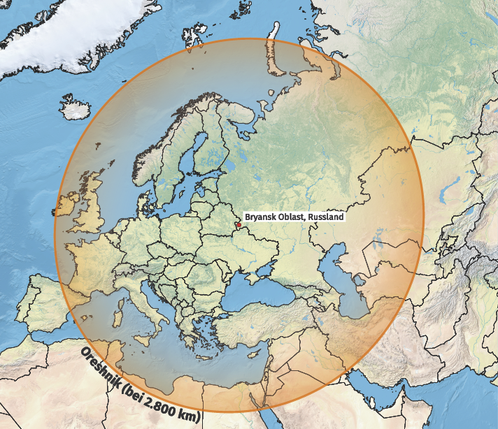 Karte: Maximale Reichweite einer »Oreschnik«-Mittelstreckenrakete