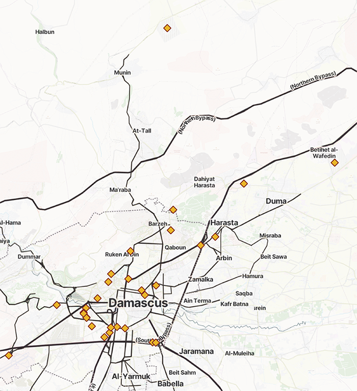 Karte Gefängnisse der Geheimdienste und des Militärs in und um Damaskus